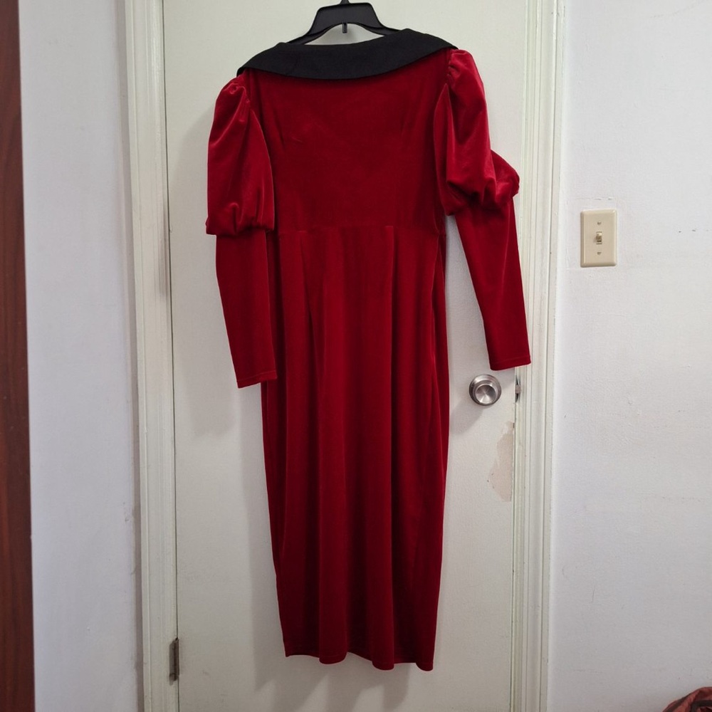 SHEIN Modely Puff Long Sleeve Velour Midi Red Dress w/Satiny Black Collar, Sz XL - Picture 3 of 15